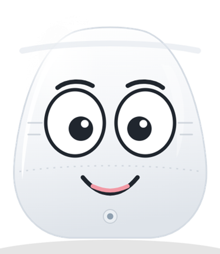 Côme, a small white egg-shaped robot with big eyes and a smile