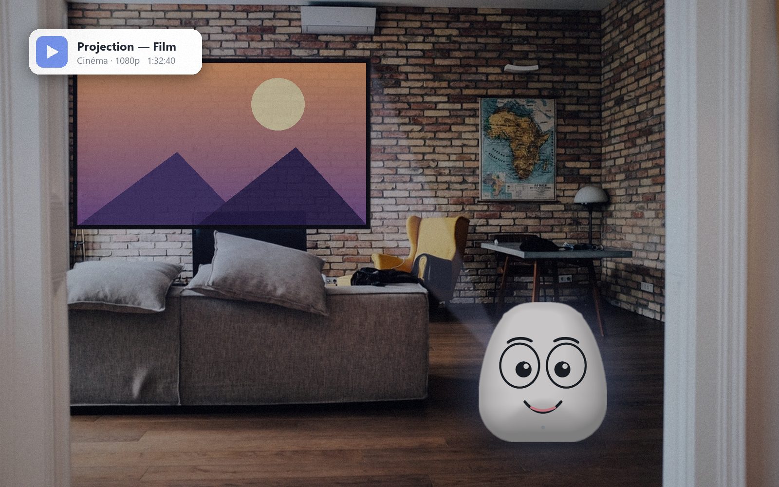 Côme projecting a film on the living-room wall