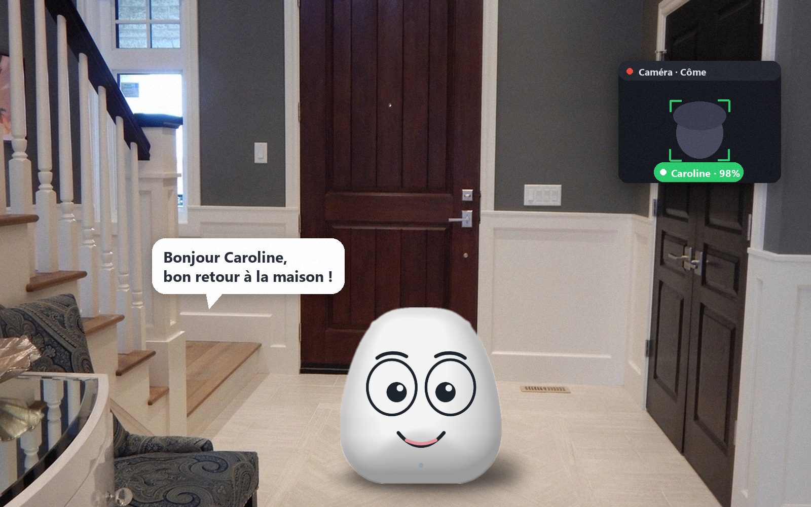 Côme greeting Caroline at the front door